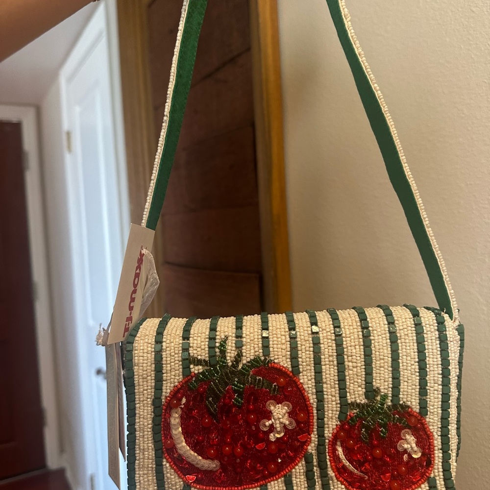 Striped Beaded Tomato Design Handbag